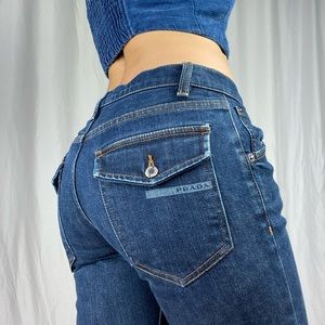 Prada Cropped Low-Rise Y2k Denim Jeans with Flap Pocket.